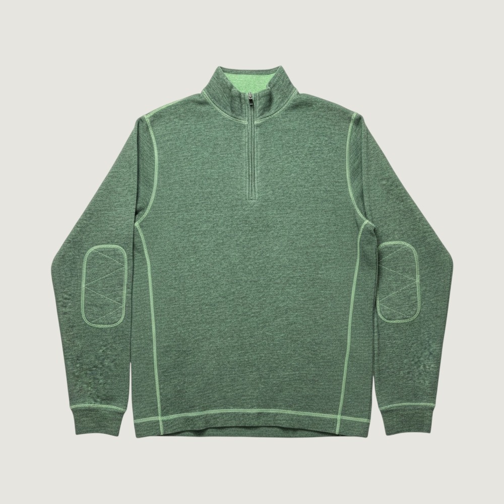 Bugatchi Uomo Mens Large Heather Green Quarter Zip Pullover Elbow Patches TF2012